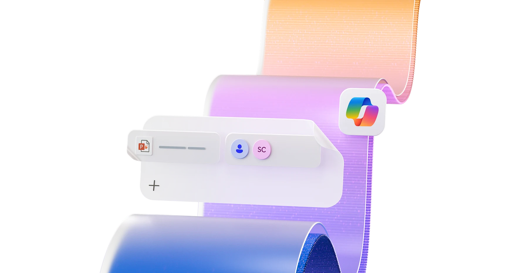 A 3D illustration of a flowing color ribbon with floating UI cards and the Copilot icon